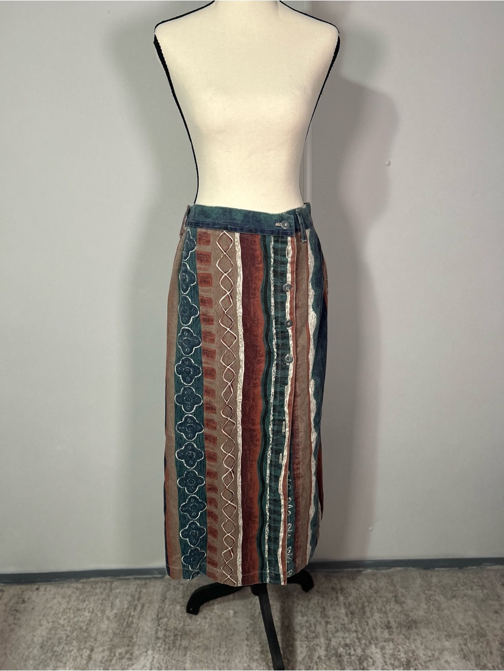 Vintage DAK USA Button-Front Striped Midi Skirt in Teal, Brown & Rust